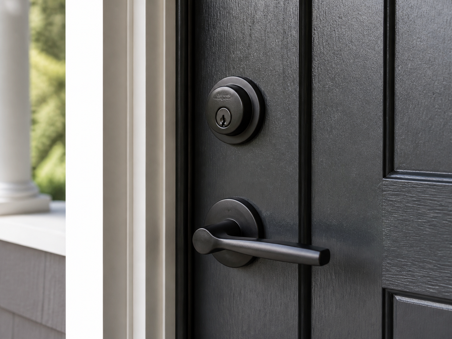 Close-up of a residential deadbolt and door handle