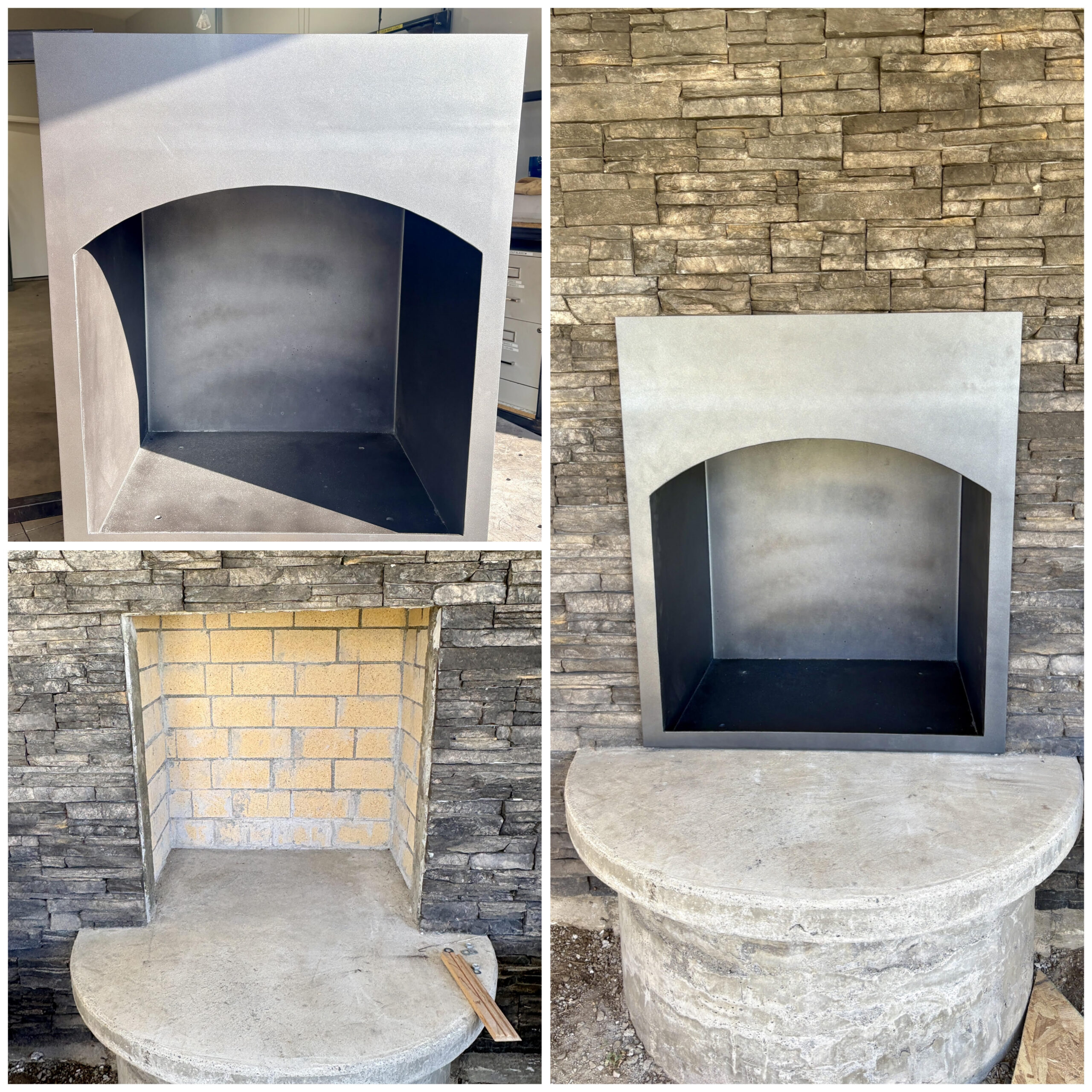 Before-and-after collage showing the custom metal firebox, the prepared fireplace opening, and the completed installation Before-and-after collage showing the custom metal firebox, the prepared fireplace opening, and the completed installation